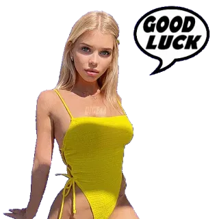 😇 GOOD LUCK Buona fortuna, Donna, Costume giallo, Bionda, Motivazione, Incoraggiamento telegram sticker