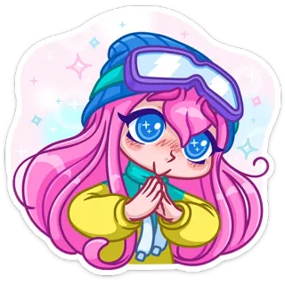 🥺 Ragazza anime, Capelli rosa, Carina, Inverno, Kawaii, Occhiali da sci, Cartone animato telegram sticker
