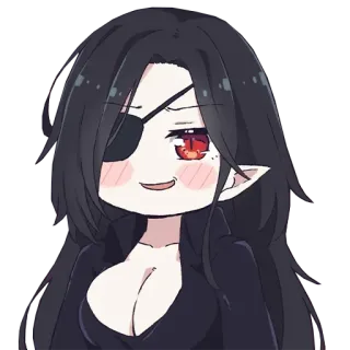 😏 anime style, chibi, one-eyed character, eyepatch, female, long black hair, fantasy, vampire whatsapp sticker