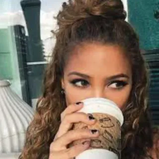 👀 woman, coffee, drink, portrait, curly hair, beverage telegram sticker