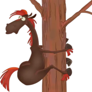 ❔ koń, drzewo, kreskówka, wspinaczka, zwierzę telegram sticker
