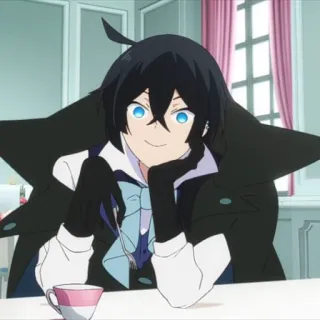 🌌 anime, character, smiling, table, teacup telegram sticker