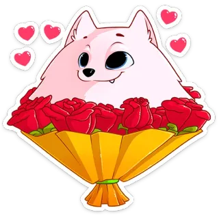 🥰 หมา, ดอกไม้, ช่อดอกไม้, ดอกกุหลาบ, น่ารัก, หัวใจ telegram sticker