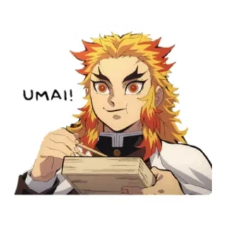 🙂 Rengoku Demon Slayer UMAI! 애니메이션, 렌고쿠, 귀멸의 칼날, 먹기, 행복한 telegram sticker