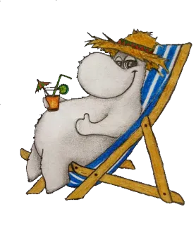 👍 Moomin moomin, kartun, kursi pantai, relaksasi, koktail, topi jerami, musim panas whatsapp sticker