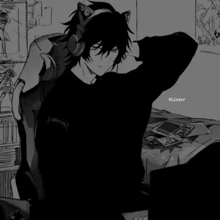 ▪️ ilexer anime style, cat ears, headphones, illustration, man, black and white telegram sticker