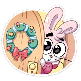 😳 thỏ, hoạt hình, nhìn trộm, cửa, vòng hoa, dễ thương, động vật, nhãn dán telegram sticker