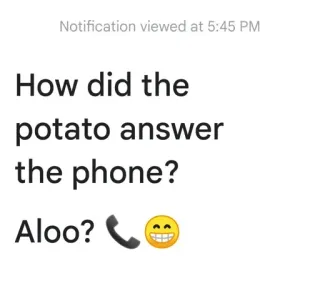 😎 How did the potato answer the phone? Aloo? joke, potato, pun, phone, humor, funny, wordplay telegram sticker