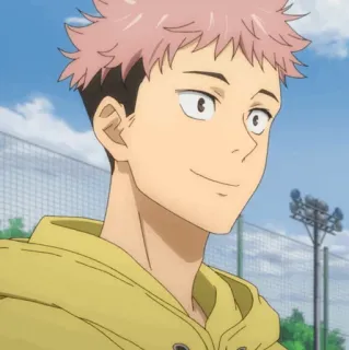 🎱 Yuji Itadori Jujutsu Kaisen anime, rambut merah muda, hoodie, tersenyum, anak laki-laki, karakter telegram sticker