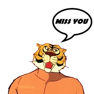 😲 MISS YOU tygrys, zwierzę, kreskówka, tęsknię za tobą, pozdrowienie, pomarańczowy, postać telegram sticker
