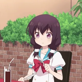 😳 dziewczyna anime, słodkie, kreskówka, fioletowe włosy, czerwona kokarda, widelec, nóż, posiłek telegram sticker