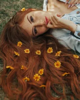 🎶 femme, fleurs, cheveux, cheveux roux, portrait, nature telegram sticker