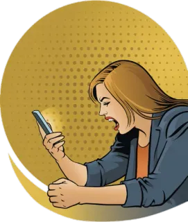 😵 en colère, femme, téléphone, frustrée, criant, dessin animé, stress, agression telegram sticker