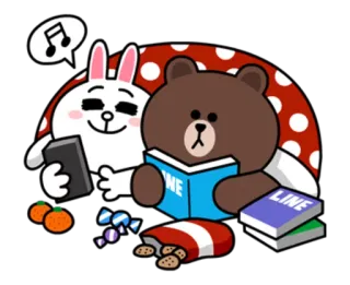 💏 Brown, Cony LINE FRIENDS LINE หมี, กระต่าย, อ่าน, เพลง, ลูกอม, น่ารัก telegram sticker