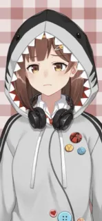 ☹️ Anime, Chica, Sudadera con capucha, Tiburón, Lindo, Auriculares, Dibujo animado telegram sticker