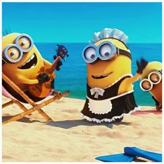 😉 Minions, pantai, kartun, kostum pelayan, pasir, musim panas, karakter telegram sticker