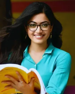 😁 vrouw, bril, boek, portret, glimlachend, Indiase actrice, Rashmika Mandanna telegram sticker