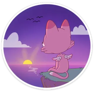 🌇 고양이, 일몰, 새, 날개, 절벽, 보라색, 하늘, 만화 telegram sticker