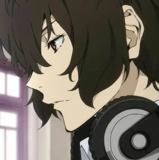 🌚 Osamu Dazai Bungou Stray Dogs anime, auriculares, pelo castaño, perfil lateral whatsapp sticker