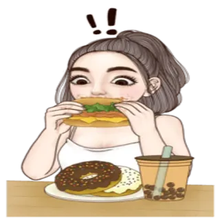 🍴 comida, comer, donut, hambúrguer, boba, bebida, desenho animado, menina whatsapp sticker
