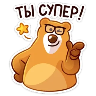😉 ТЫ СУПЕР! 곰, 안경, 윙크, 별, 긍정적, 귀여운, 만화 telegram sticker