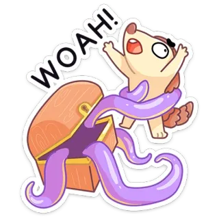 🐙 WOAH! собака, осьминог, щупальца, сундук, сюрприз, восклицание, мультфильм, животное whatsapp sticker