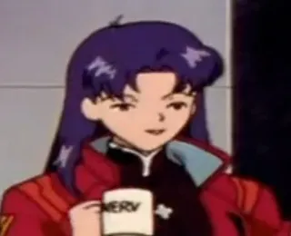 🙂 Misato Katsuragi Neon Genesis Evangelion NERV animé, femme, cheveux violets, Nerv, café, tasse telegram sticker