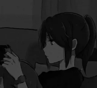 📎 Garota anime, Preto e branco, Rabo de cavalo, Desenho animado, Triste, Emo telegram sticker