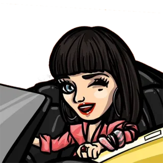 😉 여자, 자동차, 윙크, 갈색 머리, 만화, 운전 telegram sticker