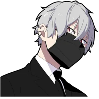 🎩 anime style, male character, gray hair, black mask, suit, red eyes telegram sticker