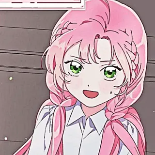 🌸 gadis anime, rambut merah muda, kepang, mata hijau, imut, kartun, karakter telegram sticker