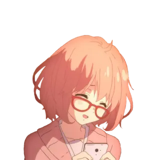 🙃 anime, girl, red glasses, cell phone, cute, smiling, pink hair whatsapp sticker