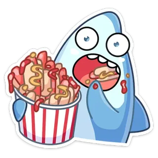 🍿 hiu, makan, kentang goreng, kartun, makanan, camilan, lucu, imut whatsapp sticker