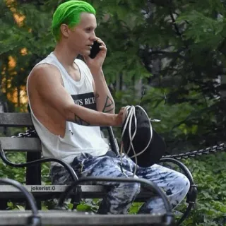 ✖️ ITS RICH man, green hair, phone, sitting, bench telegram sticker