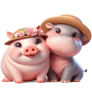 ☺️ cerdo, hipopótamo, lindo, animales, sombreros, dibujos animados telegram sticker
