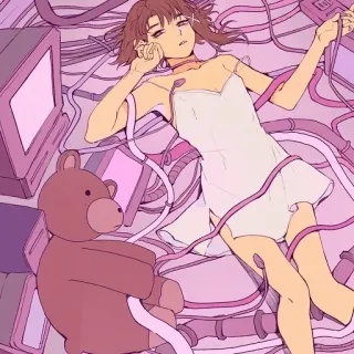 😪 anime, illustration, girl, teddy bear, wires, computers, digital art telegram sticker