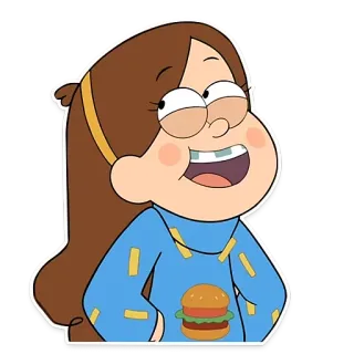 😏 Mabel Pines Gravity Falls desenho animado, animado, personagem, Mabel Pines, Gravity Falls, hambúrguer, feliz, sorriso whatsapp sticker