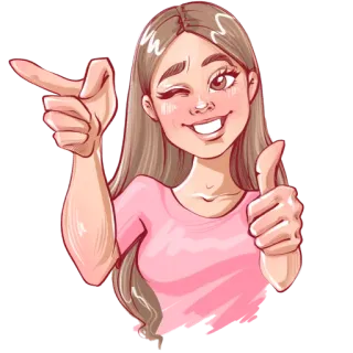 👉 dibujo animado, chica, mujer, guiño, pulgar arriba, señalando, feliz telegram sticker