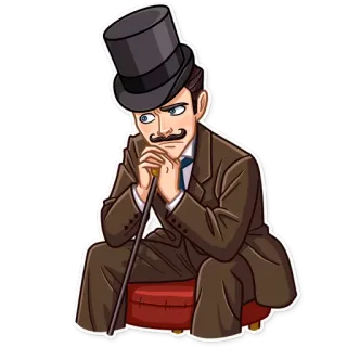 🤔 Mann, Zylinder, Schnurrbart, Stock, Sitzend, Brauner Anzug, Vintage, Gentleman whatsapp sticker