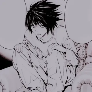 🔭 L Lawliet Death Note L, Death Note, Anime, Manga, Detective, Intellettuale, Riflessivo, Bianco e nero telegram sticker