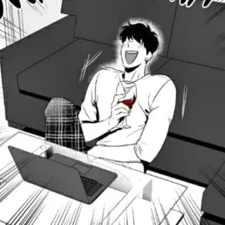 🍸 Mann, Wein, Laptop, Couch, Schwarzweiß, Innenbereich, Lachen, Entspannen telegram sticker