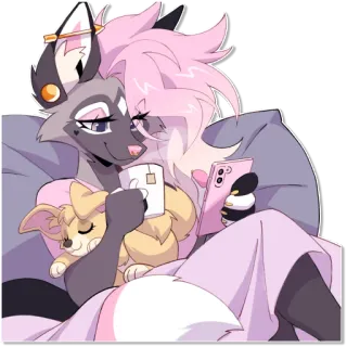 🛌 Loona Helluva Boss furry, loona, helluva boss, coffee, phone, cozy, relaxing, cartoon whatsapp sticker