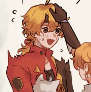 🍡 Thoma Genshin Impact Anime, Gra wideo, Czerwona kurtka, Blond włosy, Klepanie po głowie, Fan art, Słodki telegram sticker