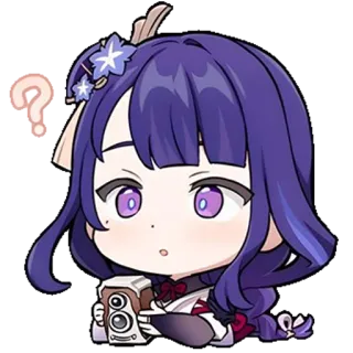 ⚡ Raiden Shogun Genshin Impact anime, video game, character, question mark, purple hair, chibi, camera, cute telegram sticker