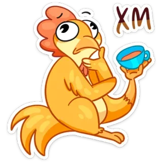 🤔 XM 鸡, 鸟, 茶, 思考, 卡通, 杯子, 可爱 telegram sticker