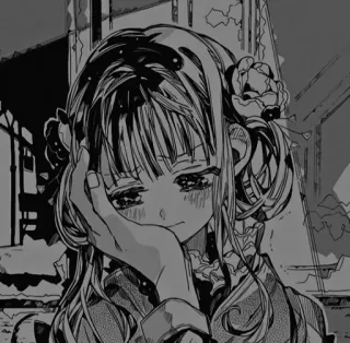 🧧 动漫, 漫画, 女孩, 悲伤, 单色, 花, 手 telegram sticker