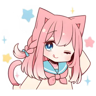 😉 dziewczyna anime, kawaii, kocia dziewczyna, różowe włosy, słodkie, chibi, naklejka telegram sticker