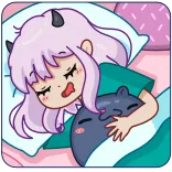 😻 ngủ, anime, chibi, dễ thương, ác quỷ, giường, gối whatsapp sticker