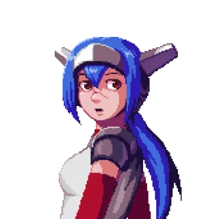 😮 anime, pixel art, female character, blue hair, video game, armor telegram sticker