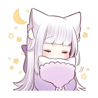 😴 anime, girl, cat ears, sleepy, cute, kawaii, moon, stars telegram sticker